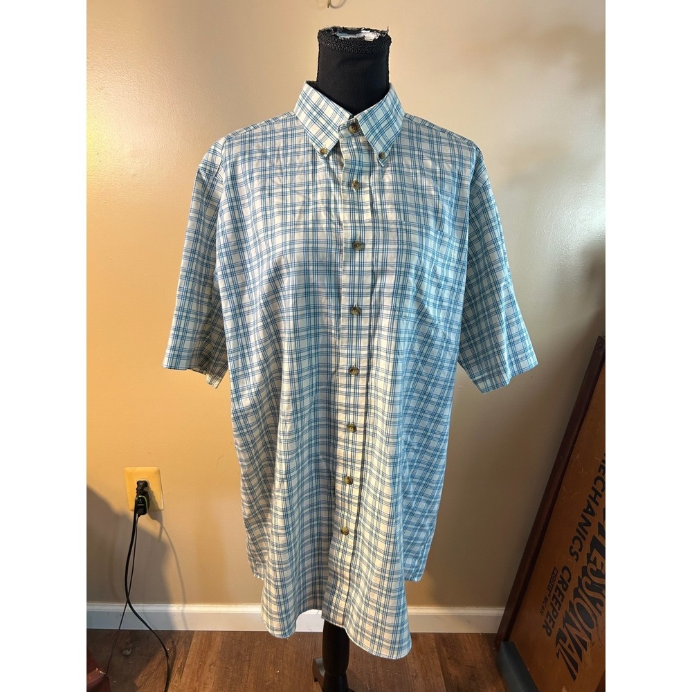 LL Bean Mens Plaid Button Down Shirt Short Sleeve Blue White Cotton L Tall